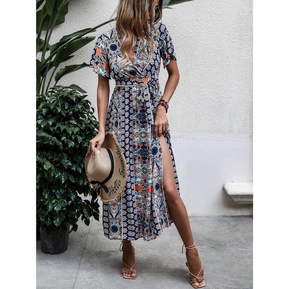 boho paisley Print v neck short Sleeve Split Side Belted maxi Dress hot pink - Picture 5 of 11